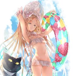 Rule 34 | 1girl, abigail williams (fate), abigail williams (swimsuit foreigner) (fate), abigail williams (swimsuit foreigner) (third ascension) (fate), arm behind head, arm up, armpits, bare shoulders, bikini, black cat, blonde hair, blue eyes, blue sky, blush, bonnet, bow, breasts, cat, fate/grand order, fate (series), forehead, hair bow, highres, innertube, long hair, looking at viewer, miniskirt, navel, parted bangs, sidelocks, skirt, sky, small breasts, smile, swim ring, swimsuit, twintails, very long hair, white bikini, white bow, white headwear, yatsuka (846)