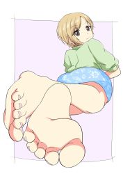 Rule 34 | 1girl, aiba yumi, back, barefoot, blonde hair, brown eyes, commentary request, feet, foot focus, from behind, highres, idolmaster, idolmaster cinderella girls, leafar, looking at viewer, looking back, lying, on stomach, open mouth, short hair, smile, soles, toes