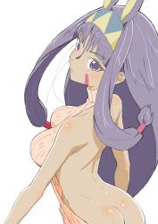 Rule 34 | 1girl, absurdres, animal ears, ass, backless dress, backless outfit, bad id, bad twitter id, bare shoulders, body blush, breasts, rabbit ears, dark skin, dark-skinned female, dimples of venus, donguri suzume, dress, eyeliner, facial mark, fate/grand order, fate (series), from behind, hair ornament, hairband, highres, long hair, looking at viewer, looking back, makeup, medium breasts, meme attire, nitocris (fate), purple eyes, ribbed sweater, sidelocks, simple background, solo, sweater, sweater dress, turtleneck, very long hair, virgin killer sweater, white background