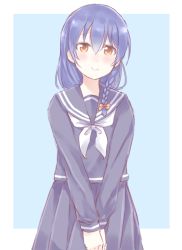 Rule 34 | 1girl, blue hair, blush, braid, commentary request, hair between eyes, long hair, long sleeves, looking at viewer, love live!, love live! school idol project, neckerchief, one-hour drawing challenge, pleated skirt, sailor collar, school uniform, serafuku, shijimi kozou, simple background, skirt, solo, sonoda umi, white neckerchief, yellow eyes