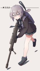 Rule 34 | 1girl, ahoge, ankle socks, backpack, bag, black jacket, black necktie, black skirt, bolt action, character name, cheytac m200, commentary request, girls&#039; frontline, grey background, grey footwear, grey hair, gun, hair between eyes, highres, holding, holding gun, holding weapon, jacket, kuro kosyou, long hair, m200 (girls&#039; frontline), name connection, necktie, object namesake, open clothes, open jacket, parted lips, pleated skirt, purple eyes, rifle, scope, shadow, shirt, shoes, simple background, skirt, sniper rifle, socks, solo, walking, weapon, white shirt, white socks