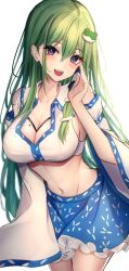 Rule 34 | 1girl, 7saki, bad id, bad twitter id, blue eyes, blue skirt, breasts, cleavage, collared shirt, crop top, detached sleeves, frog hair ornament, green hair, hair ornament, hair tubes, highres, kochiya sanae, large breasts, long hair, midriff, miniskirt, mole, mole on breast, navel, nontraditional miko, shirt, simple background, single sidelock, skirt, sleeveless, sleeveless shirt, snake hair ornament, solo, teeth, touhou, upper teeth only, white background, white shirt