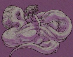 Rule 34 | 1other, highres, monochrome, monster, nude, original, purple background, purple theme, shima (wansyon144), smile, snake, static