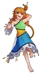 Rule 34 | 1girl, barefoot, blue dress, brown eyes, brown hair, circlet, collarbone, dress, feet, full body, green dress, highres, long hair, low twintails, monkey tail, multicolored clothes, multicolored dress, open mouth, smile, solo, son biten, speckticuls, tail, test tube, toes, touhou, transparent background, twintails, unfinished dream of all living ghost, yellow dress