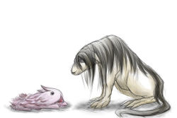 Rule 34 | black eyes, black hair, commentary request, creature, crossover, from side, full body, fullmetal alchemist, highres, looking at another, made in abyss, mitty (made in abyss), no humans, o o, open mouth, shou tucker&#039;s chimera, sitting, sketch, spoilers, sugisaki shiro, tail, teeth, trait connection, white background
