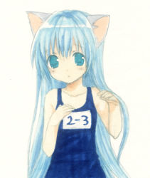 Rule 34 | 1girl, animal ears, blue eyes, blue hair, cat ears, matching hair/eyes, name tag, one-piece swimsuit, original, school swimsuit, solo, swimsuit, usashiro mani