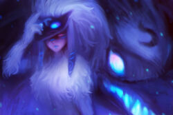 Rule 34 | 1boy, 1girl, alex chow, black fur, blue eyes, blue lips, blue theme, body fur, commentary, english commentary, fantasy, kindred (league of legends), lamb (league of legends), league of legends, long hair, looking at viewer, mask, pink eyes, portrait, white fur, wolf, wolf (league of legends)