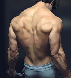 1boy back back_muscles bara black_hair blurry blurry_background commentary_request cowboy_shot from_behind highres korean_commentary male_focus muscular muscular_male original pants realistic short_hair solmuk0 solo standing veins veiny_arms white_pants