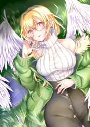 Rule 34 | 1girl, angel wings, bare shoulders, black skirt, blonde hair, blush, book, breasts, collarbone, commentary request, glasses, grass, green jacket, hair between eyes, hair ornament, hair scrunchie, hand up, highres, jacket, large breasts, long hair, lying, mashiro aa, off shoulder, on back, on grass, open clothes, open jacket, original, parted lips, red eyes, ribbed sweater, round eyewear, scrunchie, skirt, sleeveless, sleeveless sweater, sleeveless turtleneck, solo, sweater, turtleneck, white scrunchie, white sweater, white wings, wings