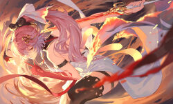 1girl bare_shoulders black_bow black_collar black_thighhighs blood bow braid bright_pupils burning changli_(wuthering_waves) chinese_commentary collar colored_extremities commentary_request dress fire from_side hair_between_eyes hair_bow hair_extensions hair_ornament halterneck highres holding holding_sword holding_weapon index_finger_raised long_hair looking_at_viewer multicolored_hair no_jacket partial_commentary pink_hair ponytail red_hands ring_hair_extensions ruoruoqiu sidelocks slashing solo sword thigh_strap thighhighs twin_braids two-tone_hair very_long_hair weapon white_bow white_dress white_hair white_pupils wuthering_waves yellow_eyes