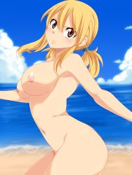 Rule 34 | absurdres, angry, blonde hair, breasts, brown eyes, fairy tail, highres, large breasts, looking at viewer, lucy heartfilia, navel, nude, planeptune