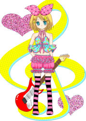 Rule 34 | alternate costume, blonde hair, blue eyes, frills, guitar, heart, instrument, kagamine rin, short hair, solo, standing, star (symbol), striped clothes, striped thighhighs, taki (vocalfan), thighhighs, treble clef, vocaloid