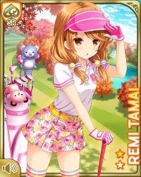 Rule 34 | 1girl, :o, bare legs, brown eyes, brown hair, card (medium), day, girlfriend (kari), golf, golf club, golf course, looking at viewer, low twintails, official art, open mouth, outdoors, pink skirt, qp:flapper, shirt, skirt, solo, standing, stuffed animal, stuffed dog, stuffed toy, tagme, tamai remi, teddy bear, twintails, white shirt