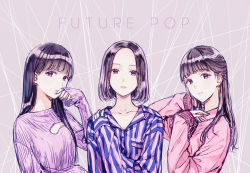 Rule 34 | 3girls, brown eyes, brown hair, cleavage cutout, clothing cutout, commentary request, earrings, hiten (hitenkei), jewelry, long hair, long sleeves, looking at viewer, multiple girls, original, pajamas, parted bangs, parted lips, pink shirt, purple sweater, ribbed sweater, shirt, short hair, sleeves past wrists, sweater