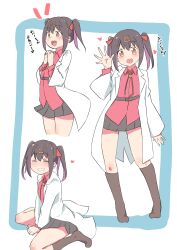 Rule 34 | 1girl, :d, ^ ^, absurdres, belt, black hair, black skirt, black socks, bolo tie, brown eyes, closed eyes, coat, commentary, grin, hair between eyes, hair ornament, hairclip, heart, highres, kneehighs, lab coat, long sleeves, multicolored hair, multiple views, no shoes, onii-chan wa oshimai!, open clothes, open coat, open mouth, own hands clasped, own hands together, oyama mihari, pleated skirt, purple hair, red shirt, shirt, simple background, sitting, skirt, smile, socks, spvrud3z2, streaked hair, translated, twintails, two-tone hair, wariza, waving, wing collar