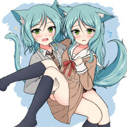 Rule 34 | 2girls, animal ear fluff, animal ears, bang dream!, black skirt, black socks, blazer, blue background, blush, brown dress, brown neckwear, collared shirt, commentary request, diagonal-striped clothes, diagonal-striped necktie, diagonal-striped neckwear, dress, fang, flying sweatdrops, green eyes, green hair, grey jacket, hikawa hina, hikawa sayo, jacket, kemonomimi mode, kneehighs, long hair, looking at viewer, multiple girls, necktie, open clothes, open jacket, open mouth, pleated dress, sailor collar, sailor dress, shirt, siblings, sisters, skirt, socks, sonosakiburi, sparkle, striped clothes, striped neckwear, tail, twins, two-tone background, white background, white sailor collar, white shirt