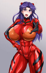 Rule 34 | 1girl, alternate breast size, ass, blush, bodysuit, breasts, cosplay, covered erect nipples, curvy, earrings, female focus, gloves, hair ornament, highres, huge breasts, impossible bodysuit, impossible clothes, index finger raised, jewelry, katsuragi misato, long hair, looking at another, looking at viewer, narrow waist, neon genesis evangelion, open mouth, puripuri jet, purple eyes, purple hair, red bodysuit, skin tight, solo, souryuu asuka langley, souryuu asuka langley (cosplay), stud earrings, sweat, teeth, very long hair, wide hips