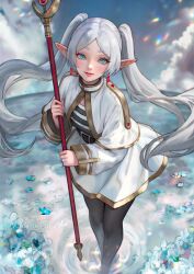 Rule 34 | 1girl, artist name, black pantyhose, blue eyes, blue sky, capelet, cloud, dangle earrings, day, drop earrings, earrings, elf, flower, frieren, grey hair, highres, holding, holding staff, jewelry, long hair, looking at viewer, mage staff, outdoors, pantyhose, patreon username, pointy ears, serafleur, shirt, skirt, sky, soaking feet, solo, sousou no frieren, staff, striped clothes, striped shirt, twintails, water, watermark, web address, white capelet, white skirt