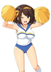 Rule 34 | 1girl, :d, ;d, armpits, arms up, bare shoulders, blue buruma, blush, breasts, brown eyes, brown hair, buruma, cheerleader, collarbone, feet out of frame, gluteal fold, hair ribbon, hairband, haruhisky, highres, holding, impossible clothes, impossible shirt, kneehighs, large breasts, one eye closed, open mouth, orange hairband, orange ribbon, pom pom (cheerleading), ribbon, shirt, short hair, sleeveless, sleeveless shirt, smile, socks, solo, standing, suzumiya haruhi, suzumiya haruhi no yuuutsu, white socks, white shirt