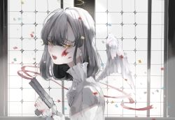 Rule 34 | 1girl, angel, angel wings, blood, blood on face, blood on hands, confetti, eyes visible through hair, frilled sleeves, frills, grey hair, gun, hair between eyes, half-closed eyes, halo, handgun, highres, holding, holding gun, holding weapon, indoors, isshiki shime, light particles, light rays, medium hair, mini wings, open mouth, original, solo, teeth, tongue, upper body, weapon, white theme, wings, yellow eyes