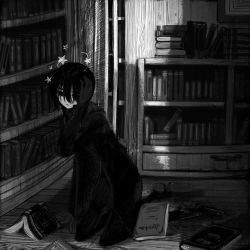 Rule 34 | 1girl, book, bookshelf, closed mouth, coat, gloves, greyscale, hand up, highres, indoors, kneeling, long sleeves, looking at viewer, monochrome, narue, original, parted lips, seeing stars, shoes, solo