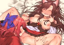 Rule 34 | 2girls, ^ ^, animal ears, bad id, bad twitter id, bare shoulders, bed sheet, blue bow, blush, bow, breasts, brooch, brown hair, cape, closed eyes, collarbone, commentary request, cunnilingus, dress, fang, feet out of frame, hair between eyes, hair bow, hand up, heart, highres, holding hands, imaizumi kagerou, interlocked fingers, jewelry, large breasts, long hair, long sleeves, looking at another, lying, masanaga (tsukasa), multiple girls, nail polish, nipples, nose blush, off-shoulder dress, off shoulder, on back, open mouth, oral, pillow, red cape, red eyes, red hair, red nails, ribbon-trimmed bow, ribbon trim, sekibanki, short hair, sidelocks, spoken heart, spread legs, thighs, touhou, white dress, wolf ears, yuri