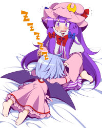 Rule 34 | 2girls, barefoot, bat wings, blue hair, blush, capelet, coat, crescent, dress, eichi yuu, hair ribbon, hat, highres, lap pillow, long hair, long sleeves, lying, mob cap, multiple girls, on stomach, open clothes, open coat, open mouth, patchouli knowledge, pink dress, purple dress, purple eyes, purple hair, remilia scarlet, ribbon, simple background, sitting, sleeping, striped clothes, striped dress, touhou, tress ribbon, very long hair, wariza, wavy mouth, wide sleeves, wings, zzz