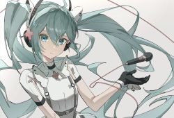 Rule 34 | 1girl, ahoge, armpit cutout, black gloves, blue eyes, blue hair, bow, breasts, clothing cutout, cross hair ornament, dress, gloves, grey background, hair ornament, hatsune miku, headphones, highres, karasuro, long hair, looking at viewer, microphone, parted lips, short sleeves, sidelocks, simple background, small breasts, solo, twintails, upper body, very long hair, vocaloid, white bow, white dress