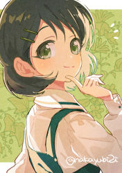 Rule 34 | 1girl, black hair, commentary, finger to own chin, floral print, hair ornament, hairpin, highres, idolmaster, idolmaster cinderella girls, kinme, letterboxed, light smile, long sleeves, looking at viewer, looking back, outside border, sasaki chie, shirt, short hair, sideways glance, skirt, solo, suspender skirt, suspenders, symbol-only commentary, underwear, white shirt