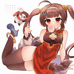 Rule 34 | 1girl, anchor hair ornament, animal ears, anklet, arm support, azur lane, baozi, black thighhighs, blunt bangs, blurry, breasts, brown hair, china dress, chinese clothes, cleavage, cleavage cutout, clothing cutout, coat, commentary request, depth of field, dress, food, fur-trimmed coat, fur trim, hair ornament, hair tubes, hairband, high heels, highres, jewelry, knees together feet apart, long hair, long sleeves, looking at viewer, lying, mouth hold, off-shoulder coat, off shoulder, on side, panda, panda ears, ping hai (azur lane), playing with own hair, red eyes, side slit, sidelocks, simple background, sleeveless, sleeveless dress, takumi mizuki, thighhighs, twintails, white background
