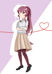 Rule 34 | 1girl, absurdres, ahoge, black footwear, blush, breasts, brown pantyhose, closed mouth, crossed arms, full body, heart, highres, long hair, looking at viewer, nemu3 paint, one eye closed, pantyhose, pleated skirt, ponytail, purple background, purple eyes, purple hair, simple background, skirt, small breasts, smile, solo, sugiura ayano, sweater, two-tone background, white background, yellow skirt, yuru yuri