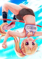Rule 34 | 1girl, :d, arched back, bare arms, bare shoulders, black shorts, black socks, blonde hair, blue sky, blush, breasts, cleavage, clothes writing, cloud, collarbone, commentary request, crop top, day, gym shorts, hair ornament, hair scrunchie, hairclip, high jump, highres, jumping, kin-iro mosaic, kneehighs, kujou karen, lens flare, long hair, looking at viewer, medium breasts, midriff, minato ojitan, navel, open mouth, outdoors, ponytail, purple eyes, red footwear, scrunchie, shirt, shoes, shorts, sidelocks, sky, sleeveless, sleeveless shirt, smile, sneakers, socks, solo, sports bra, water drop, white shirt, wide hips, x hair ornament