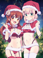 Rule 34 | 2girls, alternate costume, blunt bangs, blush, bow, bra, breasts, brown eyes, brown hair, capelet, chiyoda momo, christmas, cleavage, commentary, cowboy shot, curled horns, curvy, demon girl, demon horns, demon tail, fang, fur-trimmed capelet, fur trim, garter straps, green eyes, hair between eyes, hair ornament, hand up, happy, hat, highres, horns, large breasts, long hair, looking at viewer, machikado mazoku, medium hair, mukaibi aoi, multiple girls, navel, night, open mouth, outdoors, panties, parted lips, pink hair, pom pom (clothes), purple bow, red bra, red panties, santa capelet, santa costume, santa hat, scar, scar on stomach, shy, side-by-side, skin fang, small breasts, smile, sparkle, standing, stomach, straight hair, tail, tareme, thighhighs, underwear, very long hair, w, wavy hair, white thighhighs, white wrist cuffs, wrist cuffs, x hair ornament, yoshida yuuko (machikado mazoku)