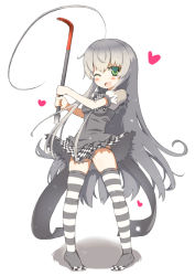 Rule 34 | 1girl, ahoge, bad id, bad pixiv id, checkered clothes, checkered skirt, chilledcherry, crowbar, green eyes, haiyore! nyaruko-san, heart, holding, holding crowbar, huge ahoge, long hair, nyarlathotep (nyaruko-san), one eye closed, pigeon-toed, silver hair, skirt, solo, striped clothes, striped thighhighs, thighhighs, white background, wink