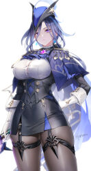 Rule 34 | 1girl, absurdres, ascot, black bow, black corset, black pantyhose, black skirt, blue ascot, blue cape, blue hair, blue hat, bow, breasts, button gap, cape, clorinde (genshin impact), closed mouth, corset, dark blue hair, drop earrings, earrings, elbow gloves, epaulettes, genshin impact, gloves, hair bow, hand on own hip, hat, hat feather, high-waist skirt, highres, holding, holding sword, holding weapon, jewelry, large breasts, long hair, looking at viewer, low ponytail, pantyhose, pencil skirt, pottsness, purple eyes, shirt, skirt, solo, sword, thigh strap, tricorne, very long hair, vision (genshin impact), weapon, white background, white gloves, white shirt