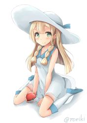 Rule 34 | 1girl, absurdres, artist name, bare shoulders, blonde hair, blue footwear, blue ribbon, blunt bangs, blush, braid, breasts, closed mouth, collarbone, collared dress, commentary request, creatures (company), dress, full body, game freak, green eyes, hat, hat ribbon, highres, holding, holding poke ball, honorikiti, kneehighs, lillie (pokemon), long hair, nintendo, poke ball, poke ball (basic), pokemon, pokemon sm, ribbon, see-through, shadow, shoes, simple background, sitting, sleeveless, sleeveless dress, small breasts, smile, socks, sun hat, sundress, twin braids, wariza, white background, white dress, white hat, white socks