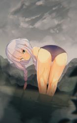 Rule 34 | 1girl, albino, ass, bent over, cameltoe, from behind, green eyes, legs, liely, looking at viewer, looking back, original, solo, swimsuit, twintails, water, white hair