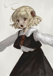 Rule 34 | 1girl, absurdres, ascot, black skirt, black vest, blonde hair, blush, fleuriste, grey background, hair ribbon, highres, long sleeves, looking at viewer, open mouth, outstretched arms, red eyes, red ribbon, ribbon, rumia, sharp teeth, shirt, short hair, simple background, skirt, solo, spread arms, teeth, touhou, vest, white shirt
