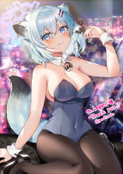 &gt;:) 1girl 2023 absurdres alternate_costume animal_ears arm_at_side bare_shoulders black_footwear blue_archive blue_leotard blush breasts cleavage closed_mouth cocktail_glass commentary_request commission covered_navel cup curvy dated_commentary detached_collar drinking_glass eyelashes hair_between_eyes halo hand_up high_heels highleg highleg_leotard highres holding holding_cup knees_out_of_frame large_breasts leotard looking_at_viewer medium_hair pantyhose playboy_bunny purple_eyes shigure_(blue_archive) sitting skeb_commission smile solo strapless strapless_leotard tail thighs twitter_username v-shaped_eyebrows wariza weasel_ears weasel_girl weasel_tail white_wrist_cuffs wrist_cuffs yam_(yamap_mako)