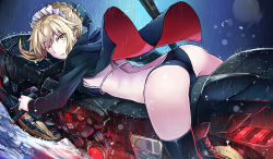 Rule 34 | 1girl, absurdres, artoria pendragon (alter swimsuit rider) (fate), artoria pendragon (alter swimsuit rider) (second ascension) (fate), artoria pendragon (fate), ass, back, bikini, black bikini, black jacket, black thighhighs, blonde hair, blue bow, bow, breasts, cameltoe, fate/grand order, fate (series), from side, hair bow, highres, jacket, jeffrey10, long sleeves, looking at viewer, looking to the side, lying, maid headdress, medium breasts, motor vehicle, motorcycle, on stomach, open clothes, open jacket, outdoors, parted lips, rain, short hair, sideboob, sidelocks, solo, spread legs, swimsuit, thighhighs, v-shaped eyebrows, water, yellow eyes
