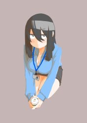 Rule 34 | 1girl, absurdres, black hair, black skirt, breasts, can, cleavage, cocoa fuumi, full body, hair between eyes, highres, id card, jitome, kneeling, large breasts, looking at viewer, office lady, original, rinko-san (cocoa fuumi), shirt, simple background, skirt, solo