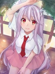 Rule 34 | 1girl, animal ears, arm up, artist name, asa (coco), blush, closed mouth, dress shirt, from above, light particles, light purple hair, long hair, looking at viewer, looking up, miniskirt, necktie, pink skirt, rabbit ears, rabbit girl, red eyes, red necktie, reisen udongein inaba, shirt, short sleeves, sidelocks, skirt, smile, solo, touhou, very long hair, white shirt, wing collar, wooden floor
