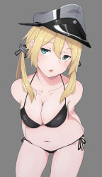 Rule 34 | 10s, 1girl, :o, alternate costume, anchor hair ornament, arms behind back, bare arms, bare legs, bare shoulders, bikini, black bikini, black ribbon, breasts, cleavage, collarbone, cowboy shot, grey background, grey hat, hair ornament, halterneck, hat, highres, igo miku, kantai collection, low twintails, medium breasts, navel, open mouth, peaked cap, prinz eugen (kancolle), ribbon, side-tie bikini bottom, simple background, solo, stomach, string bikini, swimsuit, twintails