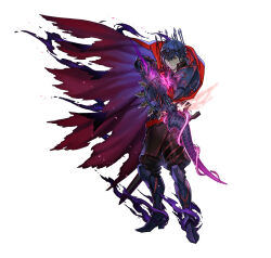 Rule 34 | 1boy, bare shoulders, blue cape, blue hair, cape, chrom (fire emblem), crown, fire emblem, fire emblem awakening, fire emblem heroes, fujisaka kimihiko, glowing markings, holding, holding sword, holding weapon, leg armor, looking at viewer, nintendo, official alternate costume, official art, purple cape, red cape, red hair, scar, solo, sword, torn cape, torn clothes, undead, weapon, white background