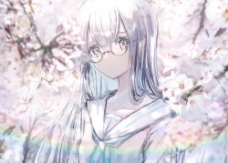 Rule 34 | 1girl, blouse, blue neckerchief, blurry, blurry background, blurry foreground, branch, cherry blossoms, closed mouth, collarbone, commentary request, expressionless, falling petals, flower, gawako, glasses, highres, long hair, looking at viewer, neckerchief, original, petals, rainbow, sailor collar, shirt, solo, tree, upper body, white eyes, white flower, white hair, white sailor collar, white shirt