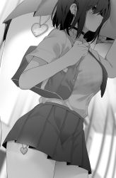 Rule 34 | 1girl, bag, blurry, blurry background, blush, bra, bra visible through clothes, breasts, choker, collared shirt, from side, greyscale, heart, highres, large breasts, monochrome, necktie, original, pleated skirt, ryouma (galley), school bag, school uniform, shirt, shirt tucked in, short hair, short sleeves, skirt, solo, underwear, zoom layer