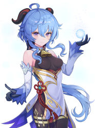 Rule 34 | 1girl, ahoge, amechamm, bare shoulders, bell, black gloves, black pantyhose, blue hair, blush, bow, breasts, chinese knot, cowbell, cowboy shot, detached sleeves, flower knot, ganyu (genshin impact), genshin impact, gloves, goat horns, gold trim, hair between eyes, hand up, highres, horns, long hair, looking at viewer, medium breasts, multicolored eyes, neck bell, orb, pantyhose, pointing, pointing at viewer, purple eyes, red rope, rope, sidelocks, simple background, smile, solo, tassel, thighlet, vision (genshin impact), waist cape, white background, white sleeves, wide sleeves