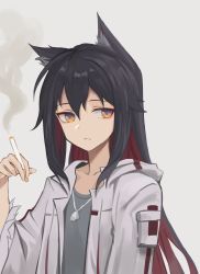 Rule 34 | 1girl, absurdres, animal ear fluff, animal ears, arknights, black hair, brown eyes, cigarette, commentary, english commentary, grey background, grey shirt, hair between eyes, hand up, highres, holding, holding cigarette, jacket, jewelry, jin (7kijin), long hair, long sleeves, looking at viewer, multicolored hair, necklace, official alternate costume, red hair, shirt, simple background, smoke, solo, texas (arknights), texas (winter messenger) (arknights), upper body, white jacket, wolf ears
