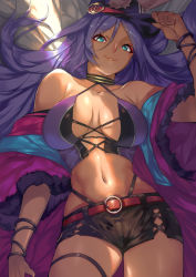 Rule 34 | 1girl, alternate costume, animal ears, aqua eyes, bare shoulders, belt, black shorts, breasts, cleavage, closed mouth, clothing cutout, coat, collarbone, cross-laced clothes, cross-laced cutout, cross-laced top, dark-skinned female, dark skin, fate/grand order, fate (series), hair between eyes, halterneck, hat, hip focus, large breasts, long hair, looking at viewer, navel, off shoulder, ohland, open clothes, open coat, purple coat, purple hair, queen of sheba (dollar-cent shop) (fate), queen of sheba (fate), short shorts, shorts, smile, solo, thigh strap, thighs