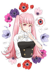 Rule 34 | 1girl, absurdres, ascot, breasts, commentary request, diagonal bangs, fire emblem, fire emblem: three houses, flower, garreg mach monastery uniform, hair intakes, hand on own chin, highres, hilda valentine goneril, long hair, looking at viewer, medium breasts, midori no baku, nintendo, petals, pink eyes, pink flower, pink hair, purple flower, red flower, simple background, smile, solo, twintails, upper body, white ascot, white background, white flower